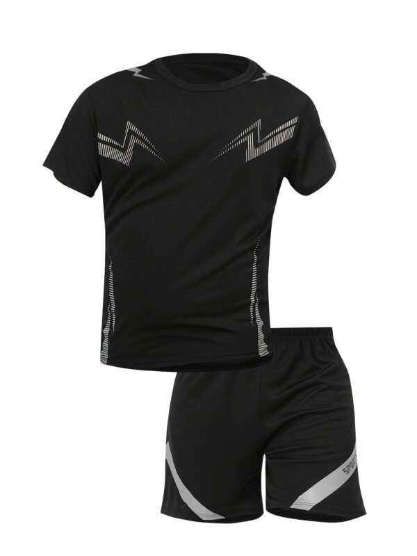 Men Sports Set Quick Dry T-Shirt Shorts Lightning Print Running Fitness Outfit